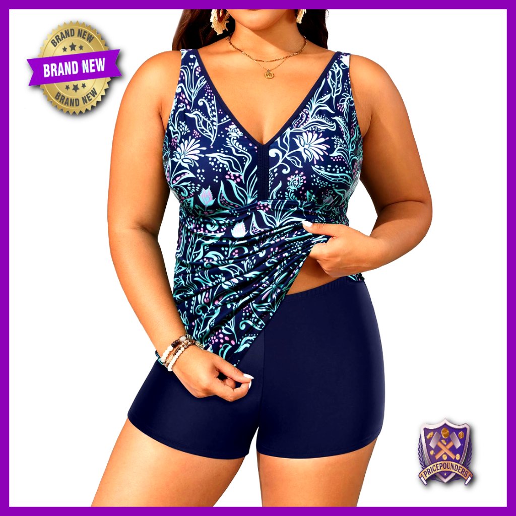 Plus Size Tankini Set With Tummy Control Shorts Athletic Swimwear